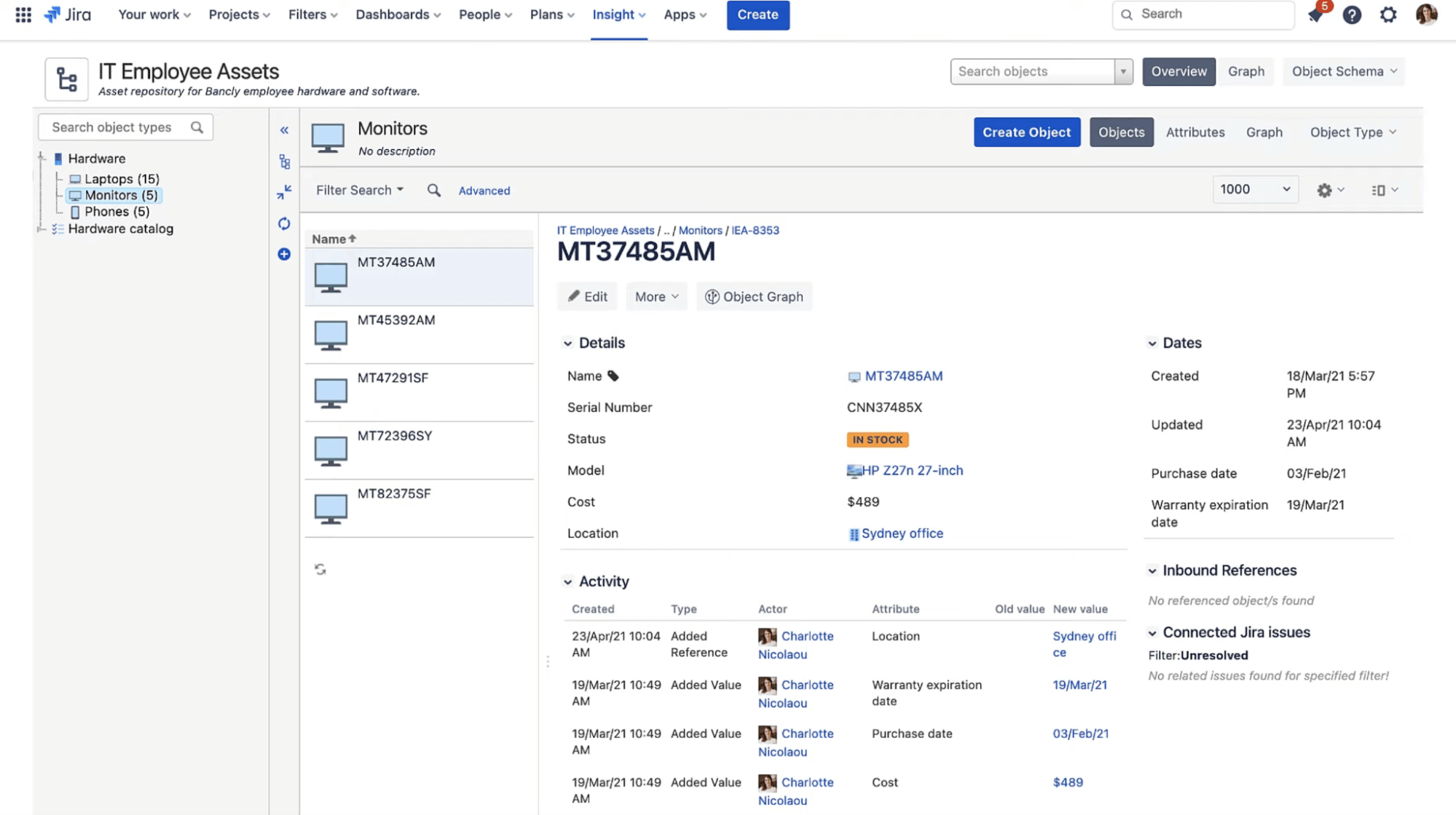 A list of IT employee asset requests in IT inventory management software Jira Service Management
