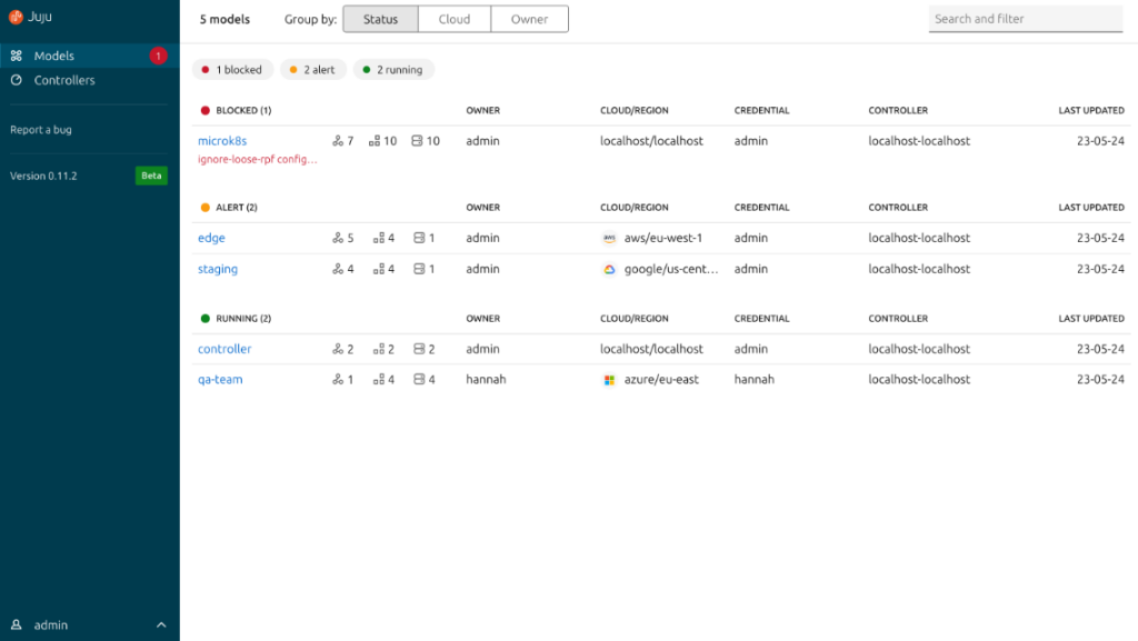 Juju dashboard view