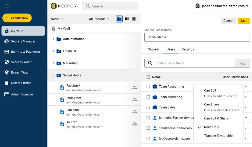 Secure file and password sharing in Keeper password manager software