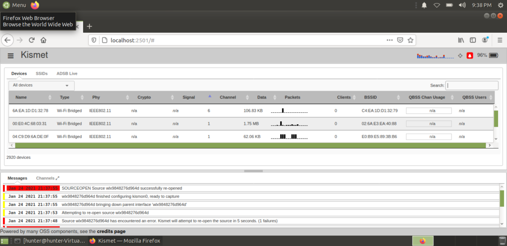 A screenshot of the main page for the tool Kismet.