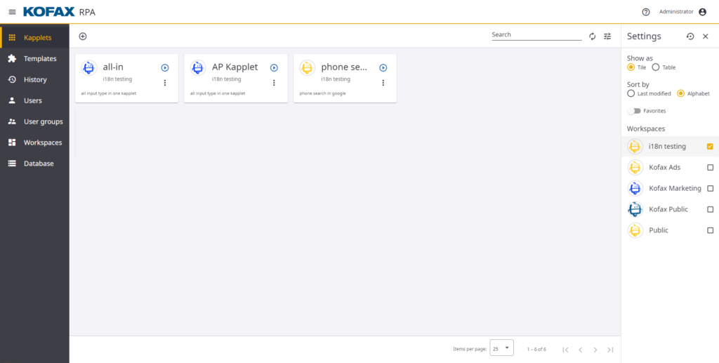Kapplets user interface of Kofaz RPA, robotic process automation software
