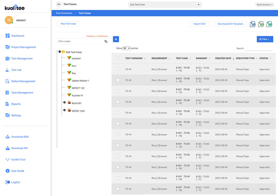 Kualitee test cases overview