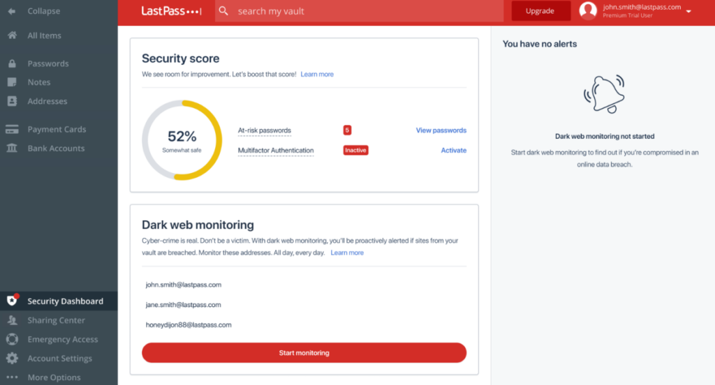 LastPass security dashboard for dark web monitoring