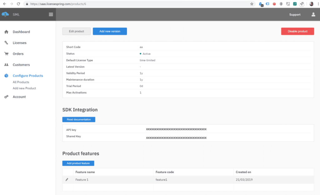 LicenseSpring license management software interface