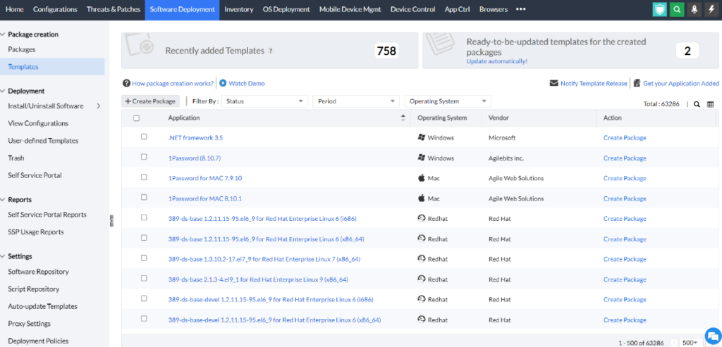 ManageEngine Endpoint Central software deployment tab