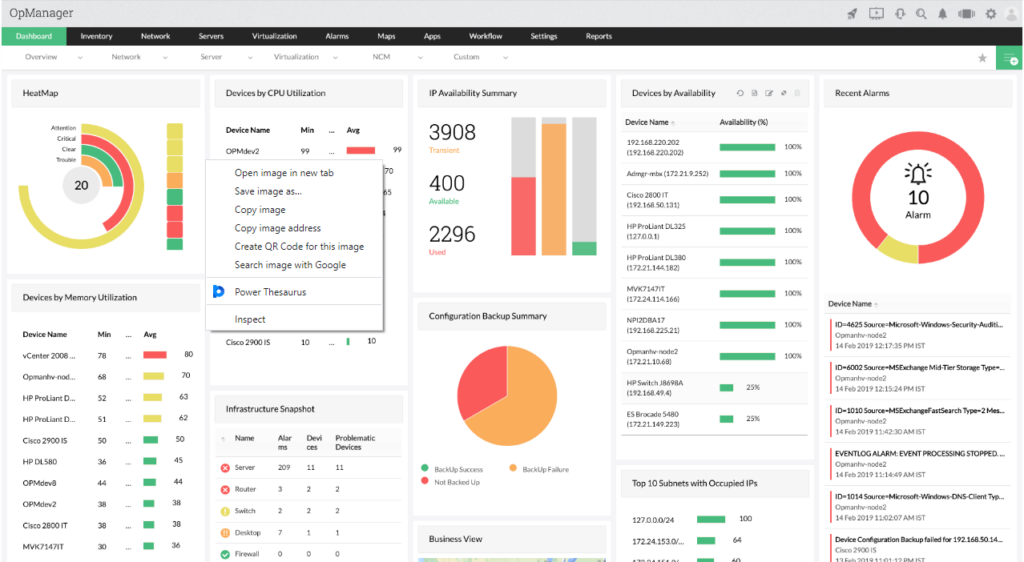 ManageEngine OpManager network management dashboard