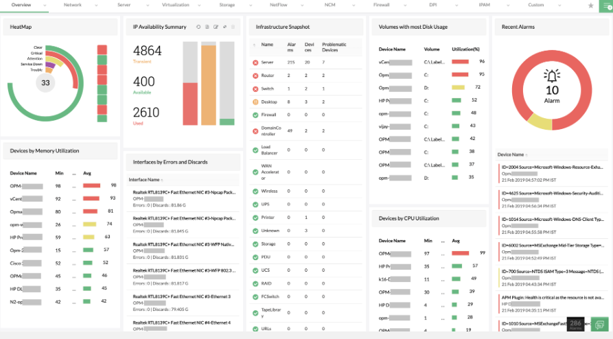 ManageEngine network monitoring dashboard