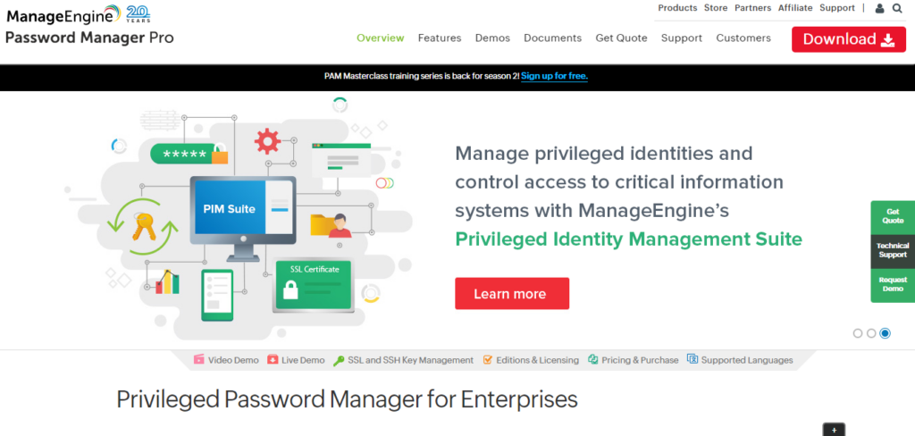 ManageEngine Password Manager Pro website screenshot