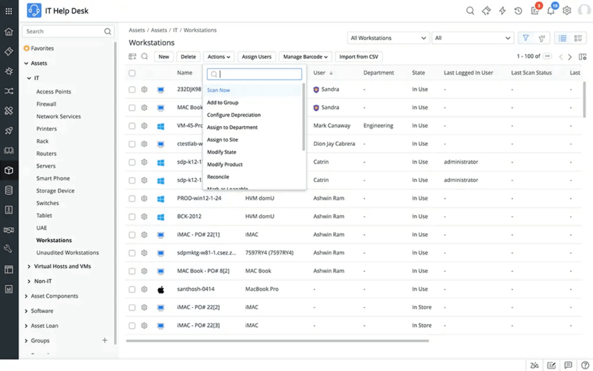 ManageEngine ServiceDesk Plus dashboard showing a list of all IT assets