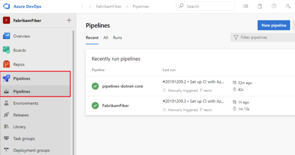 Microsoft Azure DevOps Server pipelines view
