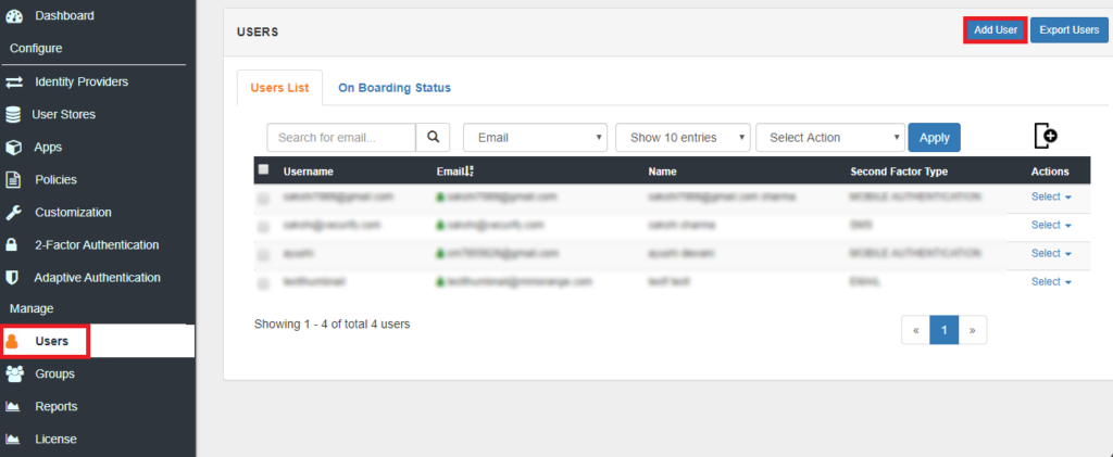 miniOrange users dashboard