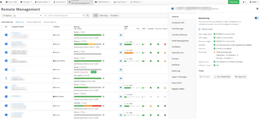 MSP360 remote management tab screenshot