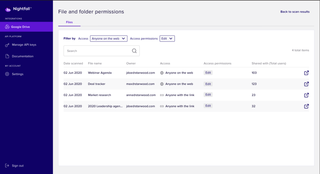 Nightfall DLP data loss prevention software interface