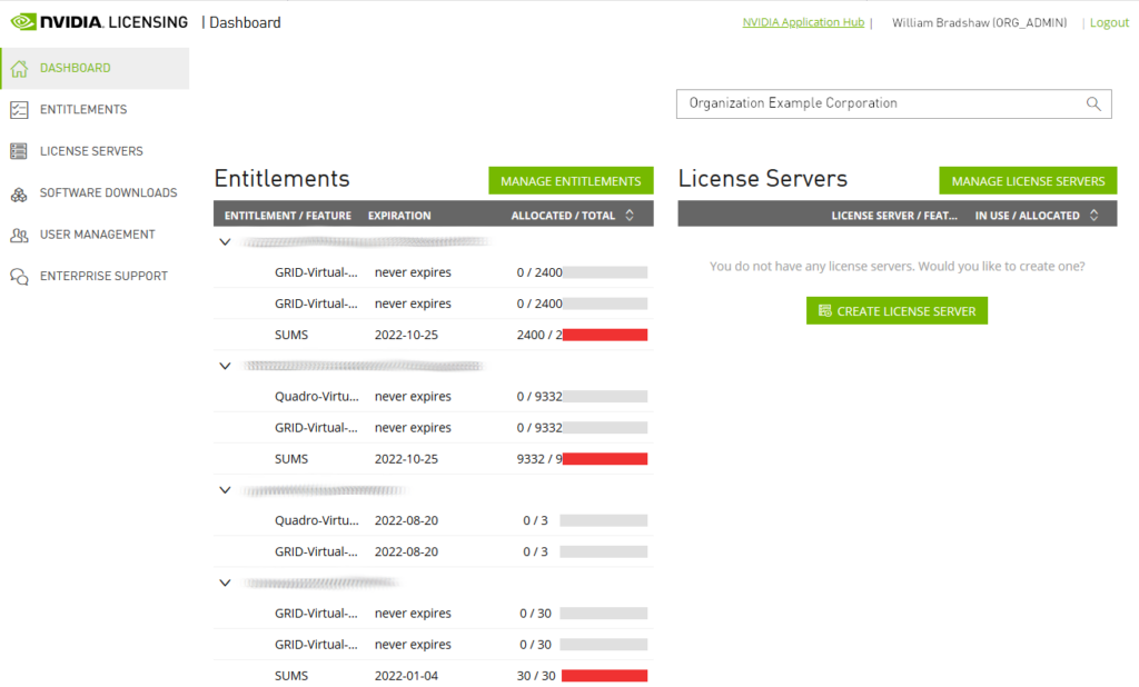 Licensing dashboard of Nvidia Virtual GPU server virtualization software