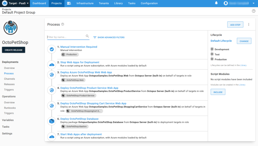 A screenshot highlighting the process tab of Octopus Deploy.