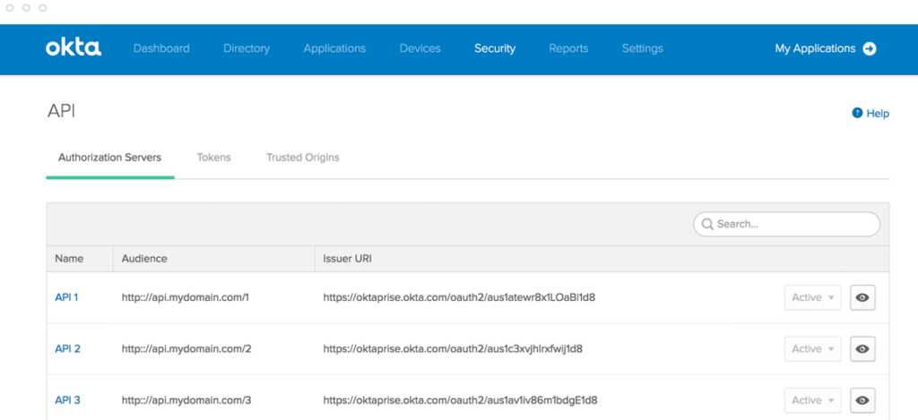 Okta Customer Identity authorization servers view