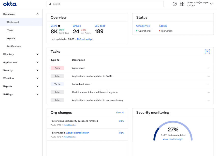 Okta Workforce Identity Cloud dashboard overview