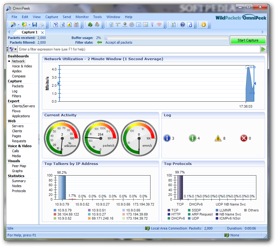 A photo displaying the network dashboard of the tool Omnipeek.