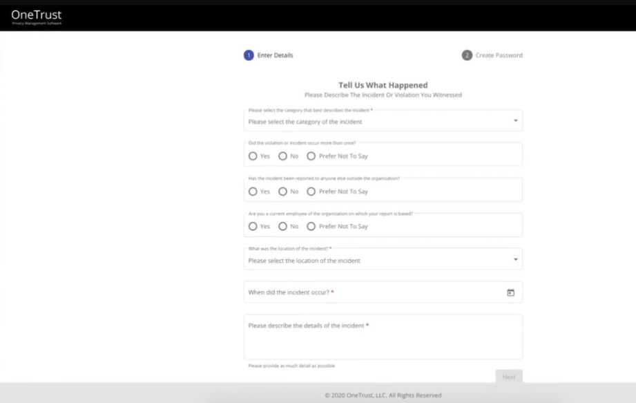 Incident reporting view from the OneTrust data privacy software