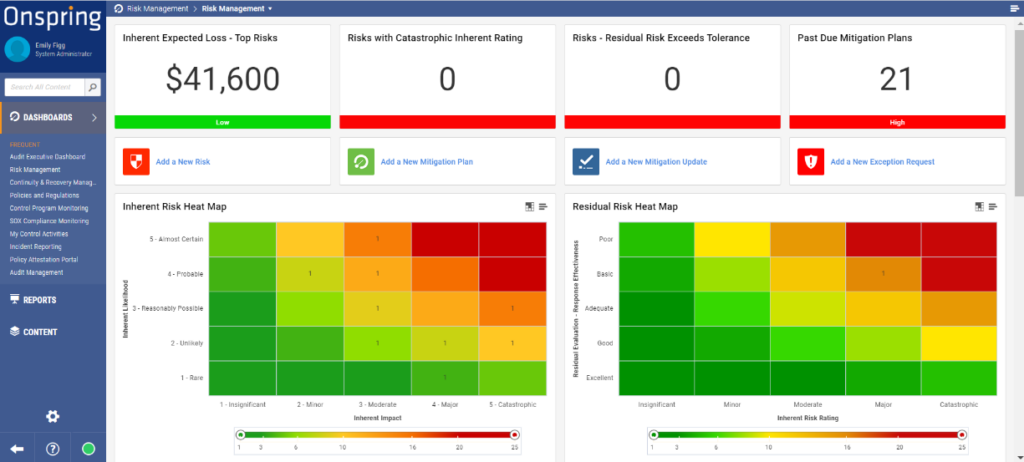 Onspring risk management dashboard