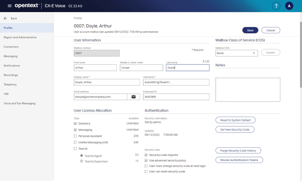 OpenText CX-E Voice web administration interface