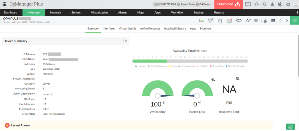 OpManager Plus device summary view