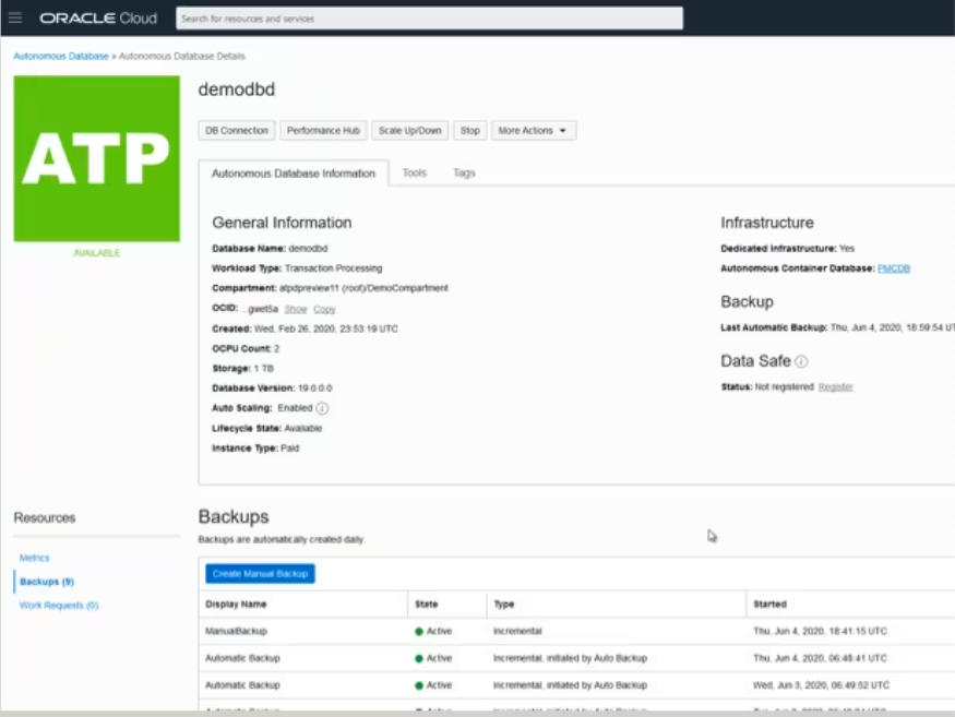 Oracle Autonomous Database dashboard