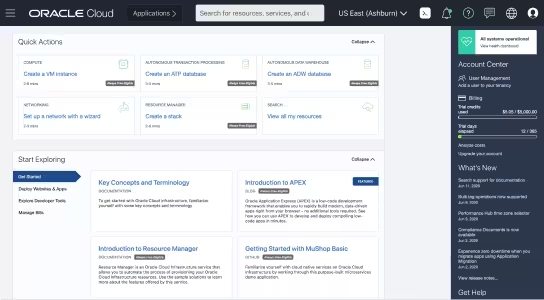 A screenshot of the dashboard for Oracle Cloud