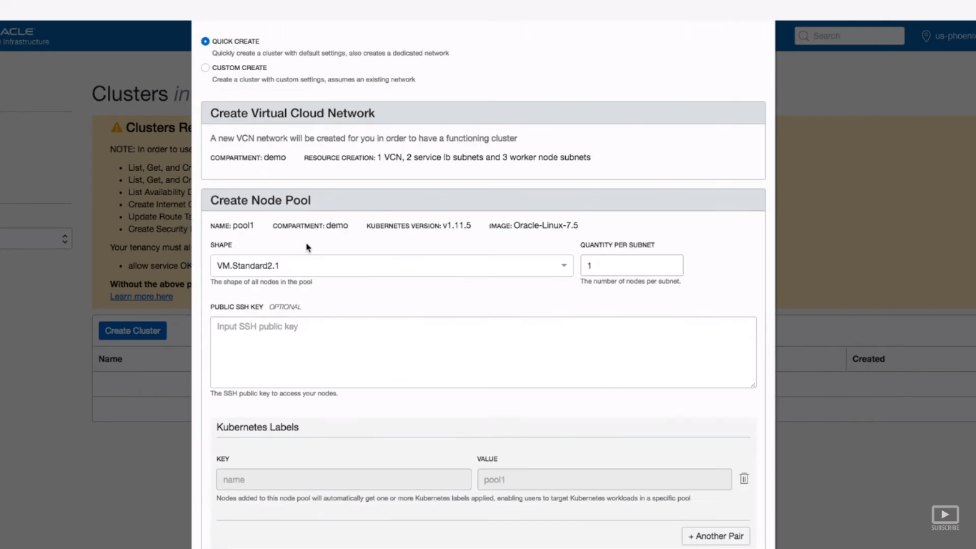 Screenshot of Oracle Container Engine software cluster creation