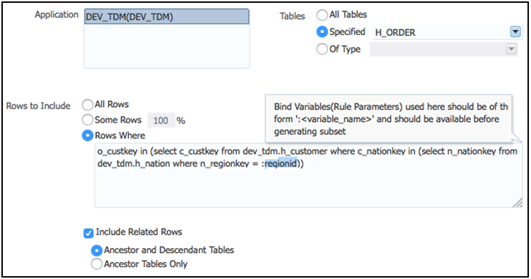 A photo focused on the subsetting view inside the tool Oracle Data Masking and Subsetting.