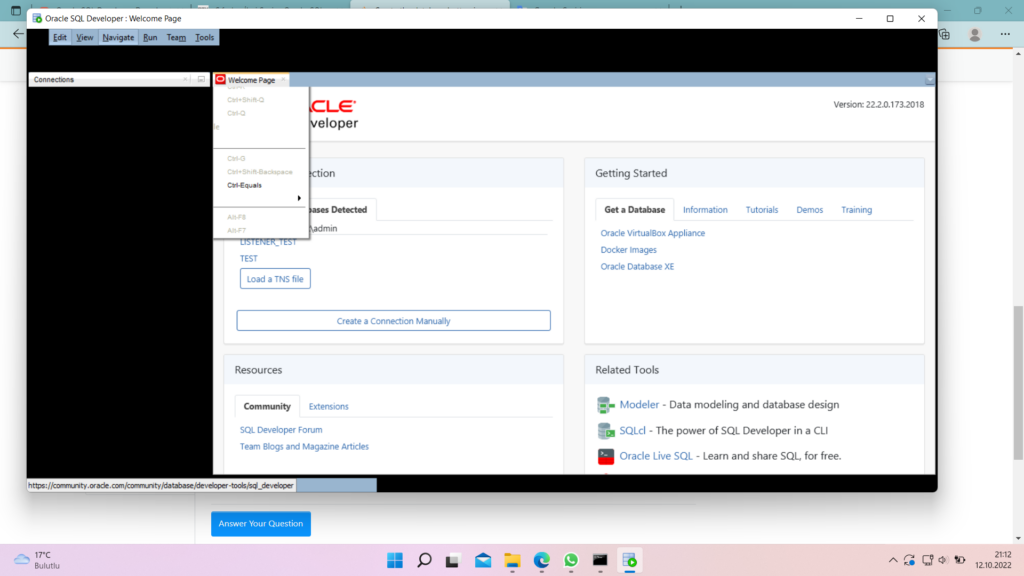 A screenshot focused on the welcome page of Oracle SQL Developer.