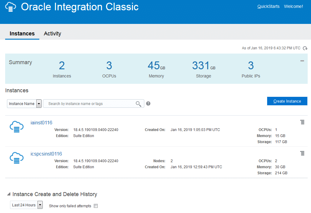 Summary and breakdown of all existing Oracle Integration Classic on the OCI console