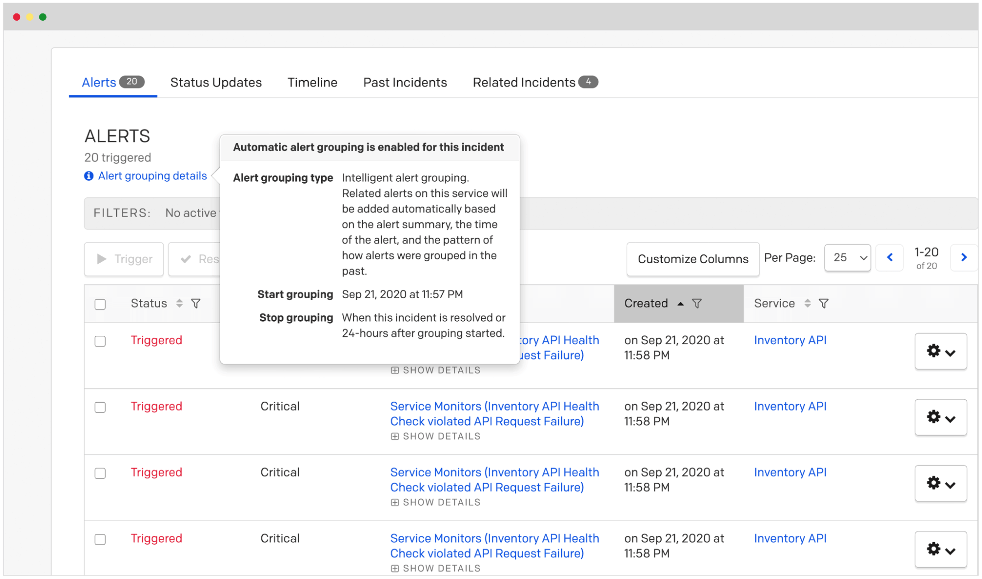 PagerDuty displaying a list of alerts and incidents in a dashboard