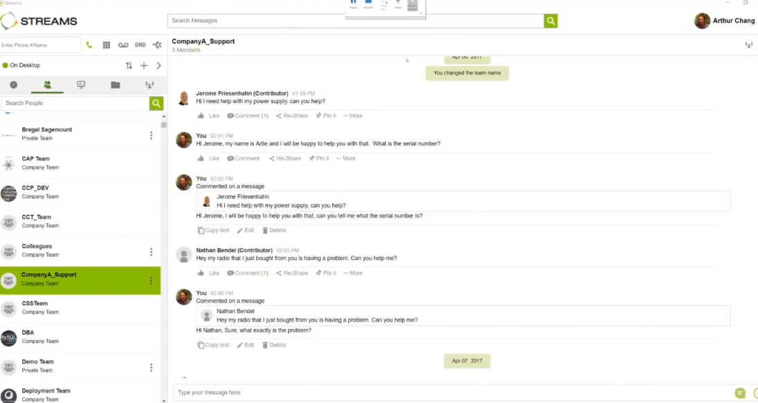 Chat features within Streams by PanterraNetworks