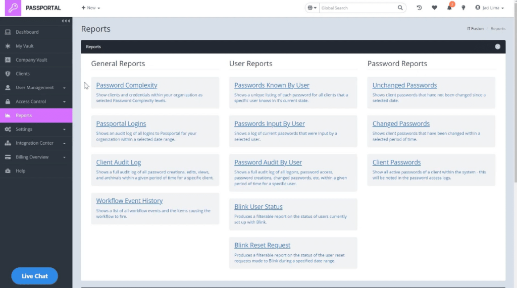 Passportal reports menu screenshot