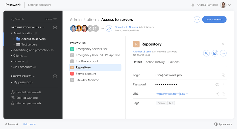 Passwork password manager setting and users dashboard