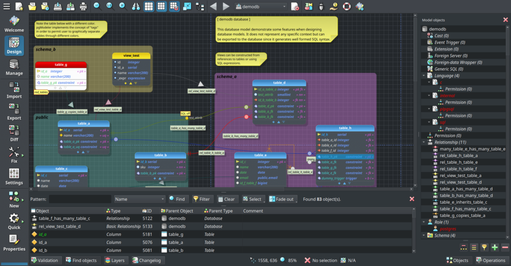 A photo highlighting the interface of the tool pgModeler.