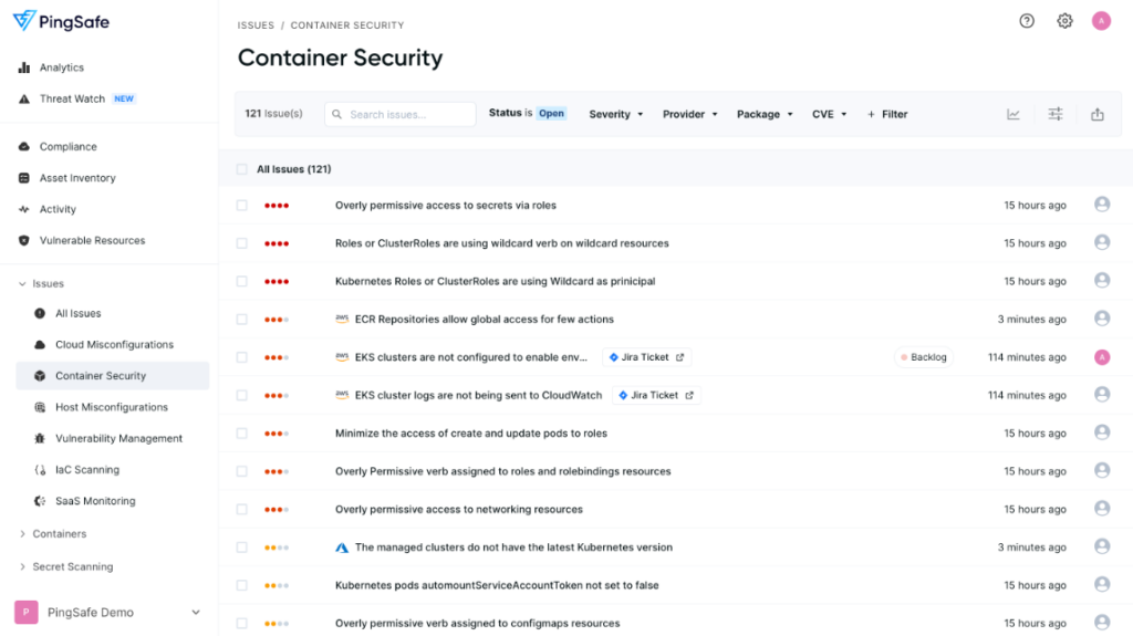 PingSafe's container security tab