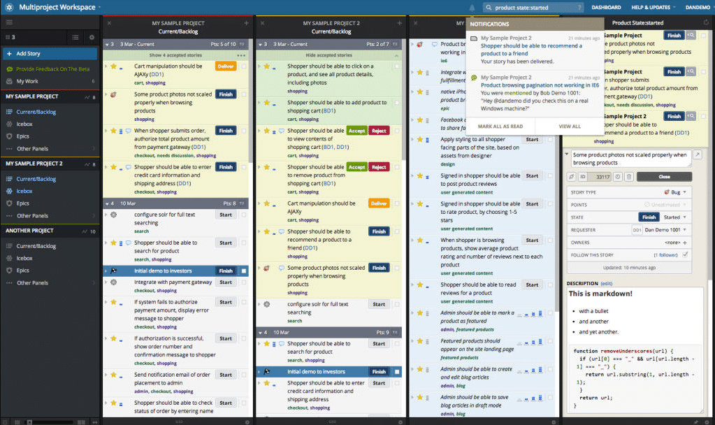 Pivotal Tracker multiproject workspace screenshot