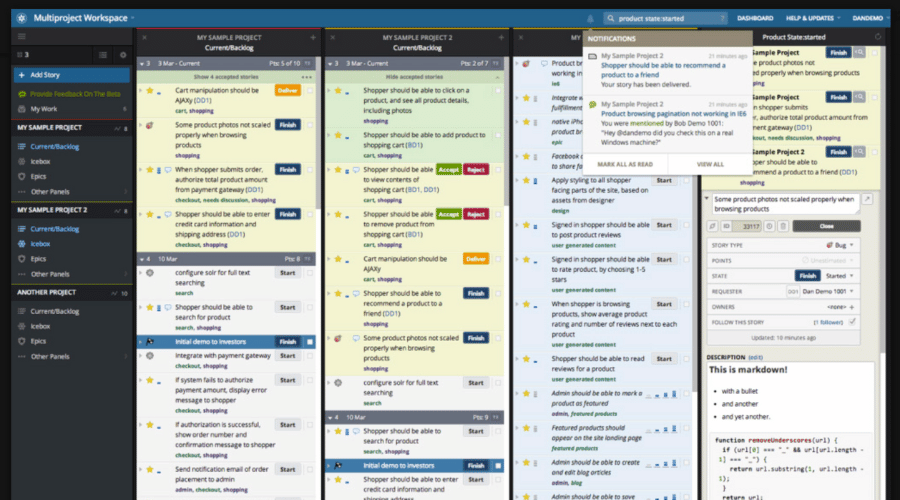 Pivotal Tracker's story-based project management dashboard