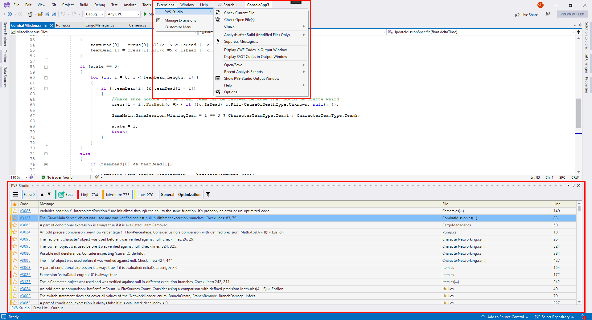 Code analysis with PVS-Studio code editor