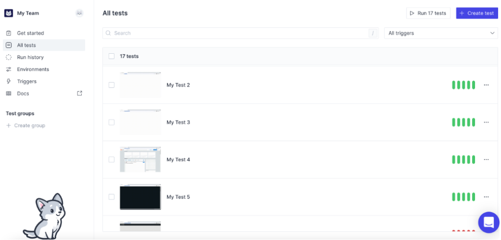 QA Wolf's user dashboard for testing