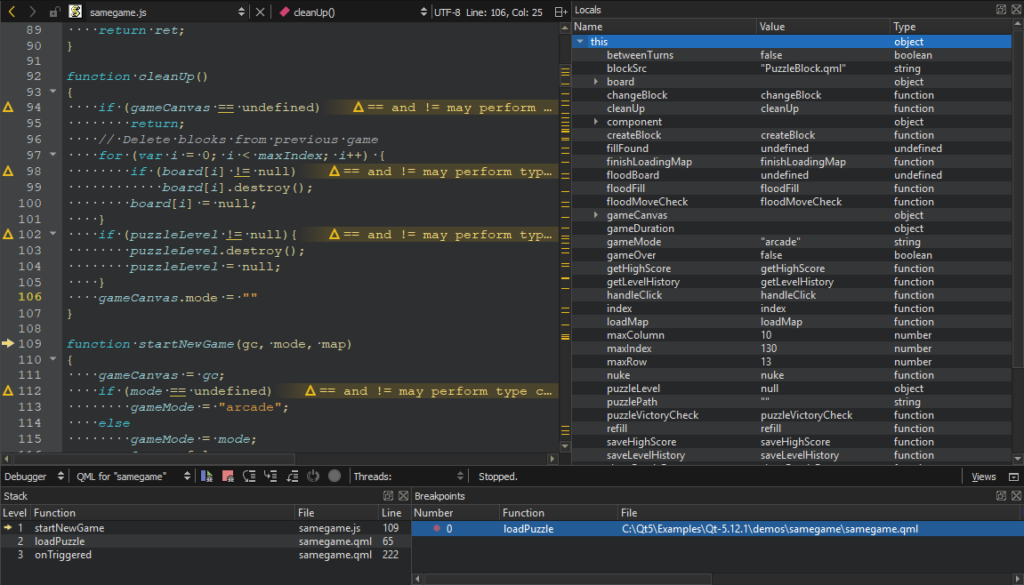 QT Debugging Tools example stack