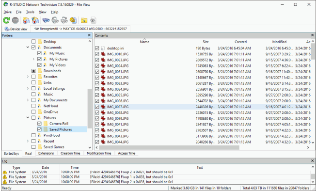 A screenshot for R-Studio's software where users can track lost files and mark them for recovery