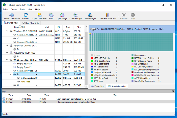 A screenshot focused on the device view of the tool R-Studio on its demo version.