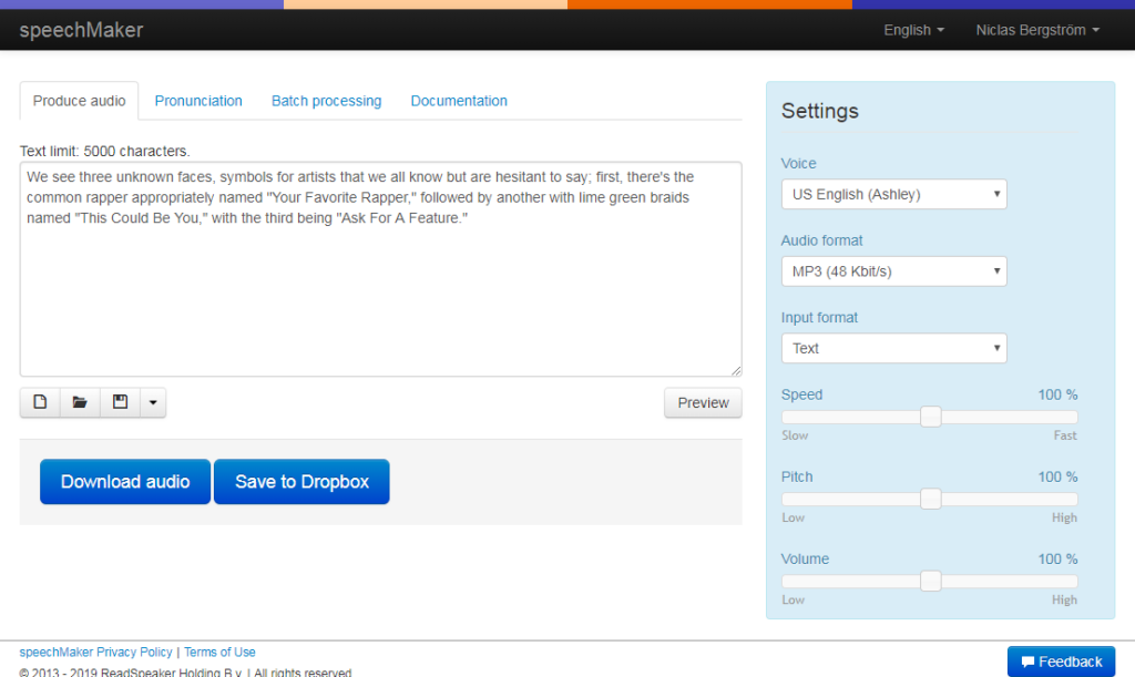 ReadSpeaker Voice Recognition Software Produce audio window
