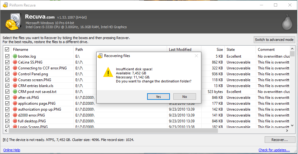 Recuva's file recovery dashboard's recovering files prompt