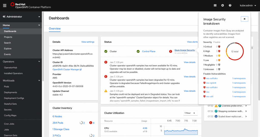 Red Hat Quay vulnerability details dashboard