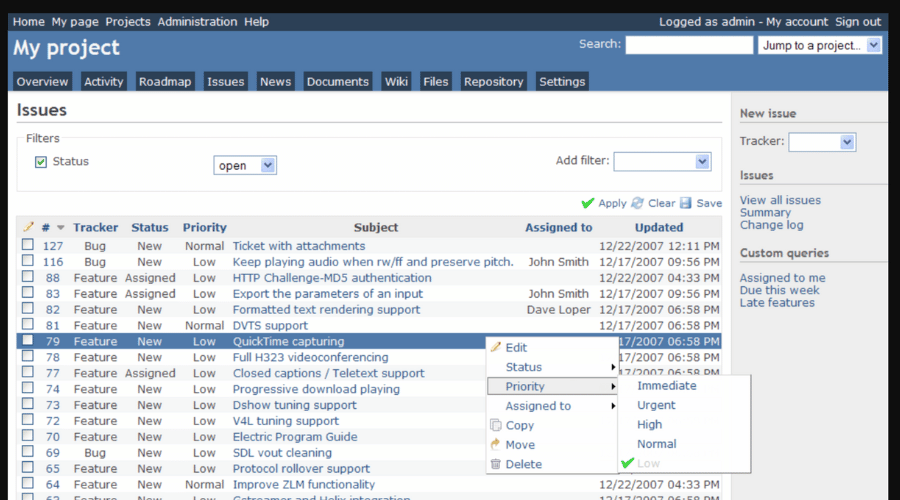 Redmine software project management dashboard