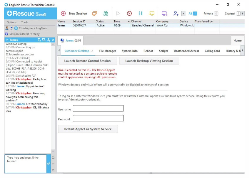 chat function in Rescue service desk software
